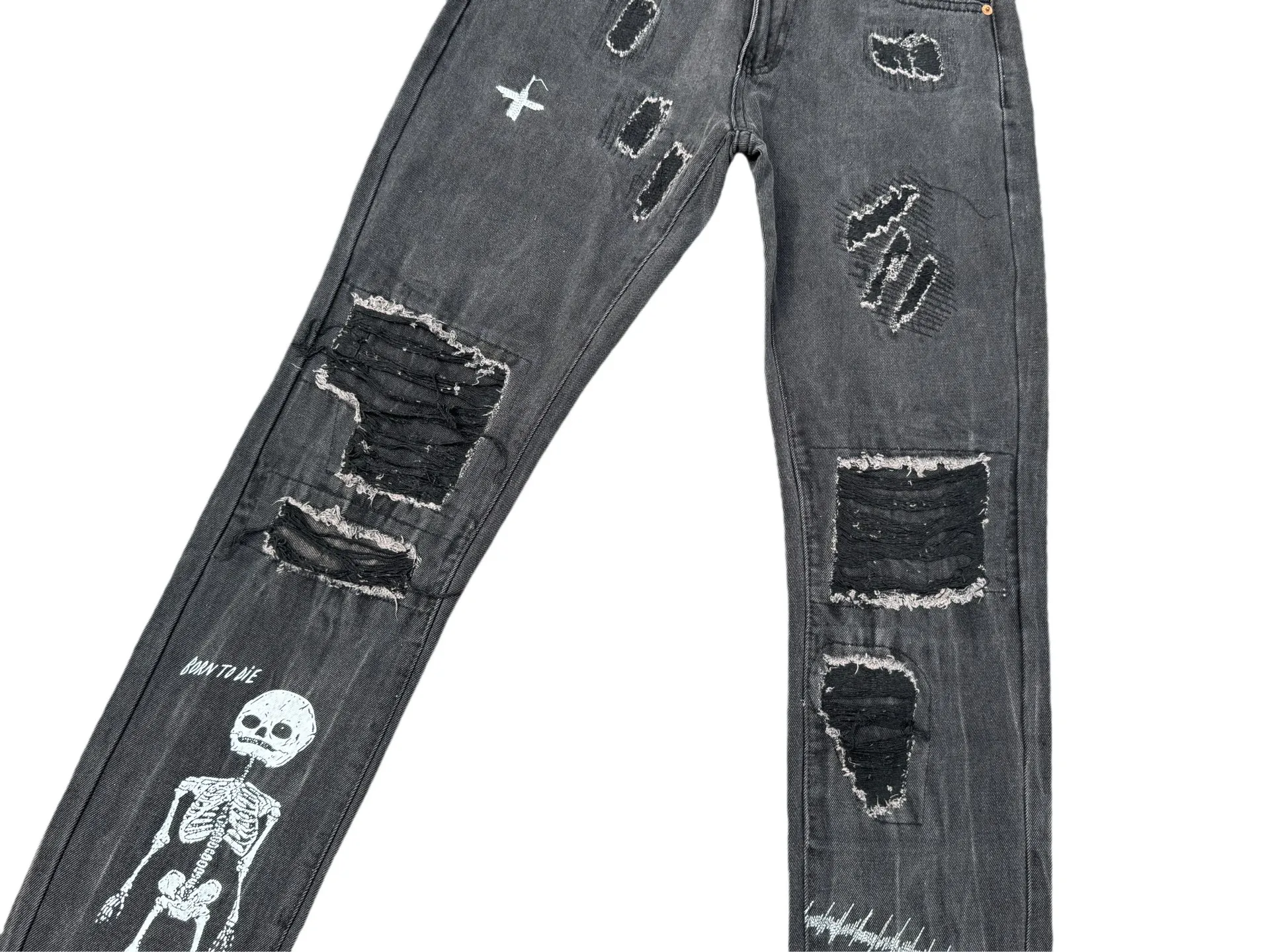 P246💰G22 GALLERY DEPT. Skull hand-stitched distressed distressed jeans -Color: Black -Size: S-XXL